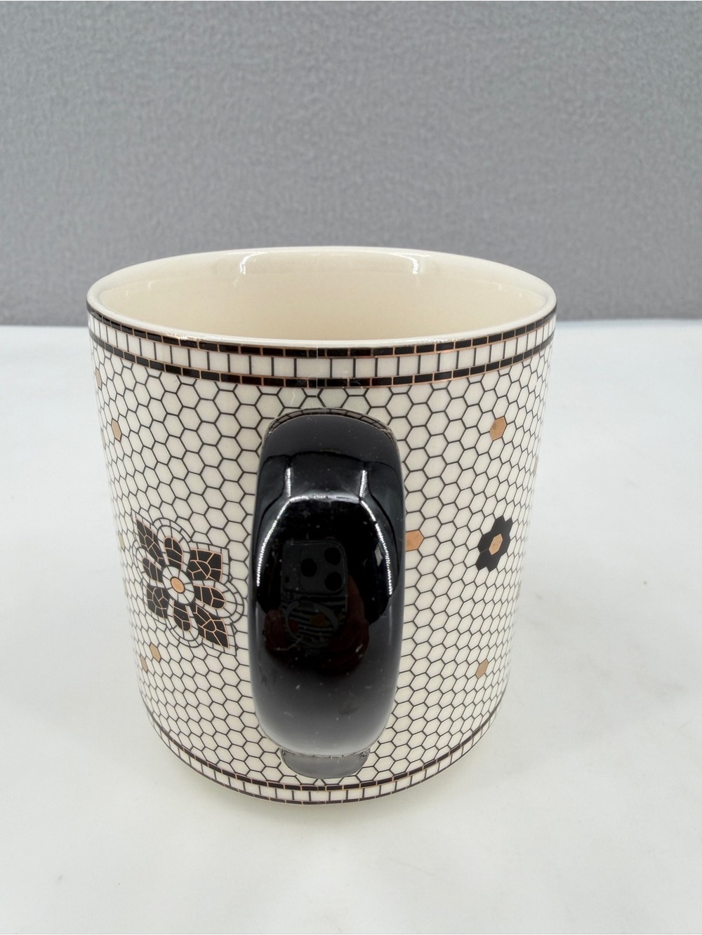 Anthropologie Margot Bistro Tile Monogram "J" Ceramic Cup Mug Black Gold Mosaic - Picture 4 of 10